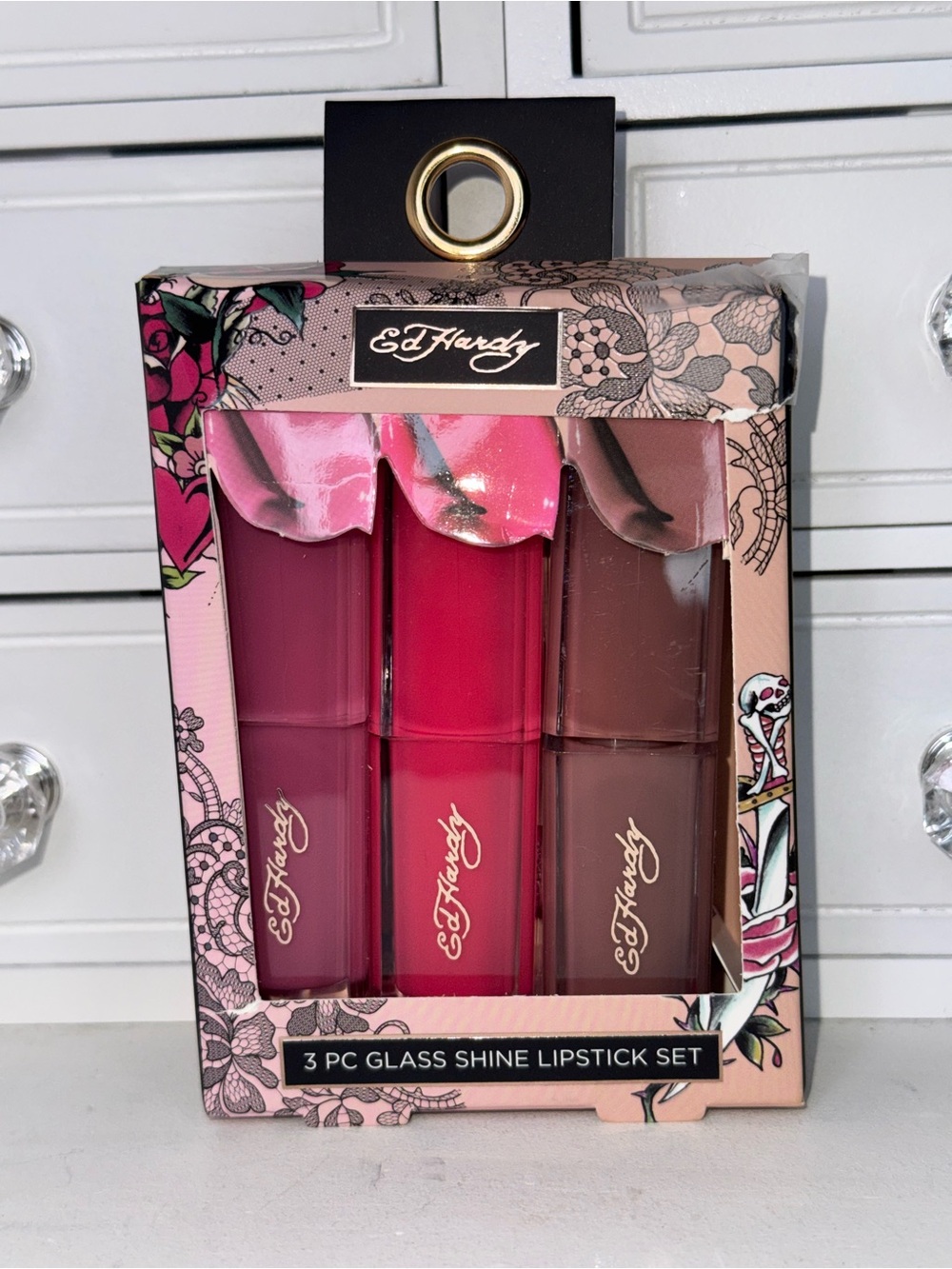 NWT Ed Hardy Glass Shine Lipstick Trio — Pink, Red, Mauve